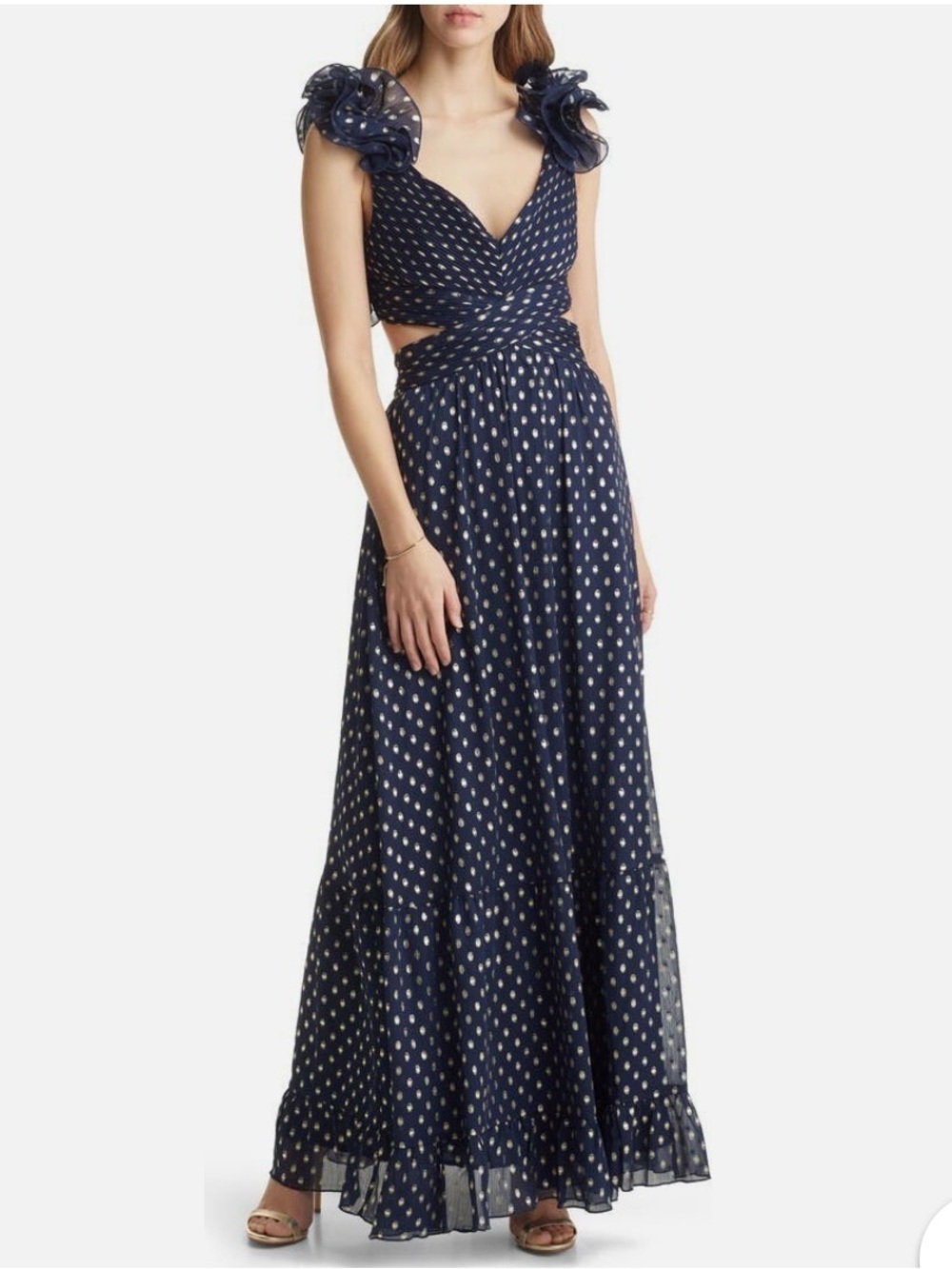 Vici Navy Polka Dot Ruffle Strap Maxi Dress